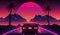 Generative AI, Retro style, nostalgic 80s, 90s. Night landscape, sunset colors, scifi, retrowave vintage illustration. Sun,