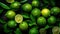 Generative AI, ripe fresh limes fruit with leaves, healthy food photorealistic illustration.