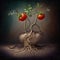 Generative AI. Ripening young tomatoes on the branches and the roots of the plant