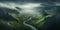 Generative AI, scenic green hills in the clouds, beautiful nature landscape aerial panorama, mountains