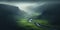 Generative AI, scenic green hills in the clouds, beautiful nature landscape aerial panorama, mountains