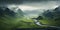 Generative AI, scenic green hills in the clouds, beautiful nature landscape aerial panorama, mountains