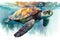 Generative AI. Sea Turtle and watercolor splashes. Illustration of underwater Tortoise