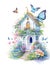 Generative AI.A small watercolor house in the midst of a flower garden surrounded by colorful butterflies conveys peace