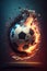 Generative AI. Soccer ball. Soccer background with fire sparks in action