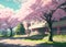 Generative AI street drawing with pink trees