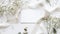 Generative AI Styled stock photo Feminine wedding desktop stationery mockup with blank greeting card babys breath