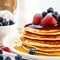 Generative ai of sweet stack of pancakes with syrup and fruit, berries, straberries on top