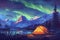 Generative ai on theme of beautiful northern lights, bright aurora borealis winter in atmosphere