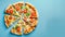 Generative AI Top view with a sliced pizza primavera on a blue table Vegetarian pizza flat lay Sliced pizza isolat