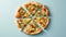 Generative AI Top view with a sliced pizza primavera on a blue table Vegetarian pizza flat lay Sliced pizza isolat
