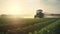 Generative AI, Tractor spraying a field, Farm landscape, agricultural beautiful countryside, country road. Nature Illustration,