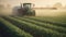 Generative AI, Tractor spraying a field, Farm landscape, agricultural beautiful countryside, country road. Nature Illustration,