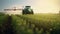 Generative AI, Tractor spraying a field, Farm landscape, agricultural beautiful countryside, country road. Nature Illustration,