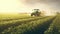 Generative AI, Tractor spraying a field, Farm landscape, agricultural beautiful countryside, country road. Nature Illustration,