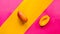 Generative AI Two ripe and juicy mango halves on a hot pink and bright yellow background Contemporary flat lay bus