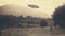 Generative AI, UFO over the Italian landscape vintage photo, aliens witnesses retro 1930s style