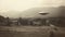 Generative AI, UFO over the Italian landscape vintage photo, aliens witnesses retro 1930s style