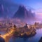 Generative AI, utopian city at night, futuristic landscape of a beautiful valley with a peaceful atmosphere