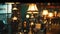 Generative AI vintage lamps with blurred liquor bar business concept.