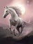 Generative AI: a White horse riding in a pink landscape with mountain and big moon