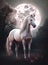 Generative AI: a White horse riding in a pink landscape with mountain and big moon