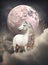 Generative AI: a White unicorn riding in a pink landscape with mountain and big moon