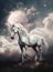 Generative AI: a White unicorn riding in a pink landscape with mountain and big moon