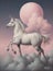 Generative AI: a White unicorn riding in a pink landscape with mountain and big moon