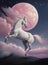 Generative AI: a White unicorn riding in a pink landscape with mountain and big moon