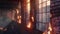 Generative AI Wide view of an abandoned burned brick industrial building with flame marks coming out the windows b