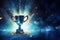 Generative AI, Winner trophy with flames, blue golden champion cup with falling confetti