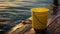 Generative AI Yellow bucket on piers as decoration Closeup business concept.