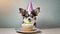 Generative Ai young chihuahua is licking a birthday cake on a table