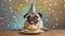 Generative Ai young chihuahua is licking a birthday cake on a table