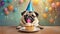 Generative Ai young pug is licking a birthday cake on a table