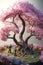 Generative illustration of three very small man climbing a miniature sakura cherry blossom tree