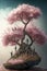 Generative illustration of three very small man climbing a miniature sakura cherry blossom tree