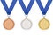 Generic bronze silver gold medals on white.