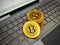 Generic crypto currency coins standing on laptop computer keyboard. 3D illustration