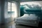 generic empty bedroom with white double bed with ocean wave is about to cover it, neural network generated art