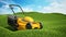 Generic lawnmover on green terrain covered with grass. 3D illustration