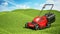 Generic lawnmover on green terrain covered with grass. 3D illustration