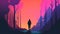 generic low-fi synthvawe gradient sunset landscape in neon colors with human silhouette in forest, neural network