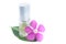 Generic Perfume and Purple Flower, white background