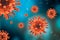 Generic red virus cell on blue background. Microbiology, virology, epidemiology, medicine science 3d rendering illustration