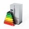 Generic silver refrigerator and energy efficiency levels chart. 3D illustration