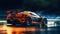 A generic and unbranded orange sport car running in the night, ai generative illustration