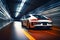 A generic and unbranded white sport car running in a tunnel, ai generative illustration