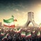 Generic unrecognizable crowds cheering or demonstrating with waving Iranian flags in Tehran of Iran. Digitally generated rendering